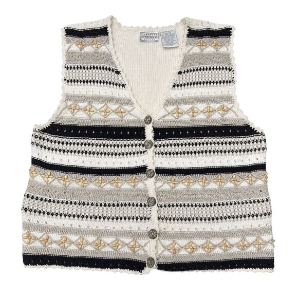 Vintage Sweater Vest Medium‎ Petite Linen Blend Cottagecore Button Front Beaded - Picture 1 of 9